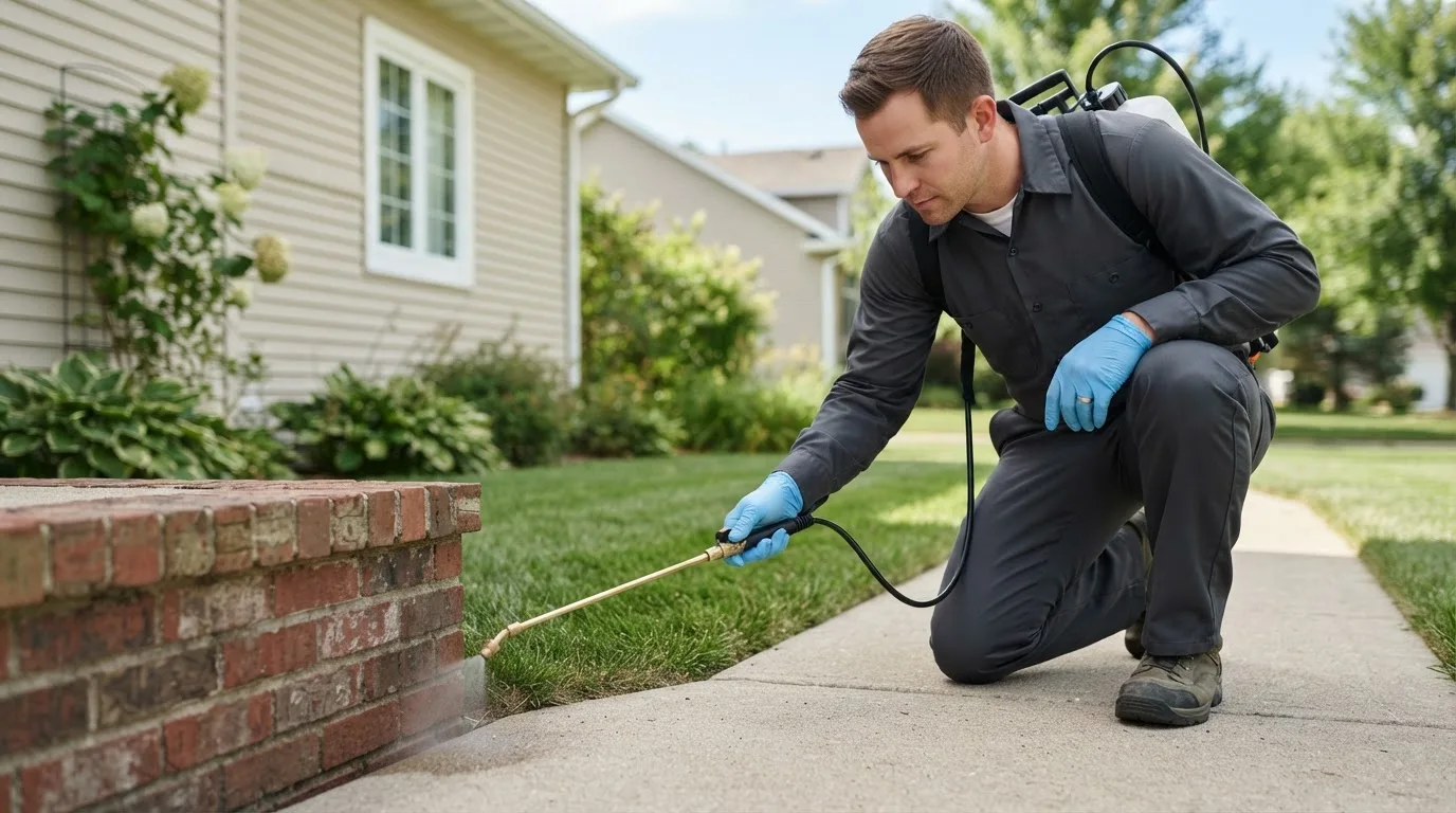 Pest control technician treating a home near Mcguffey, OH