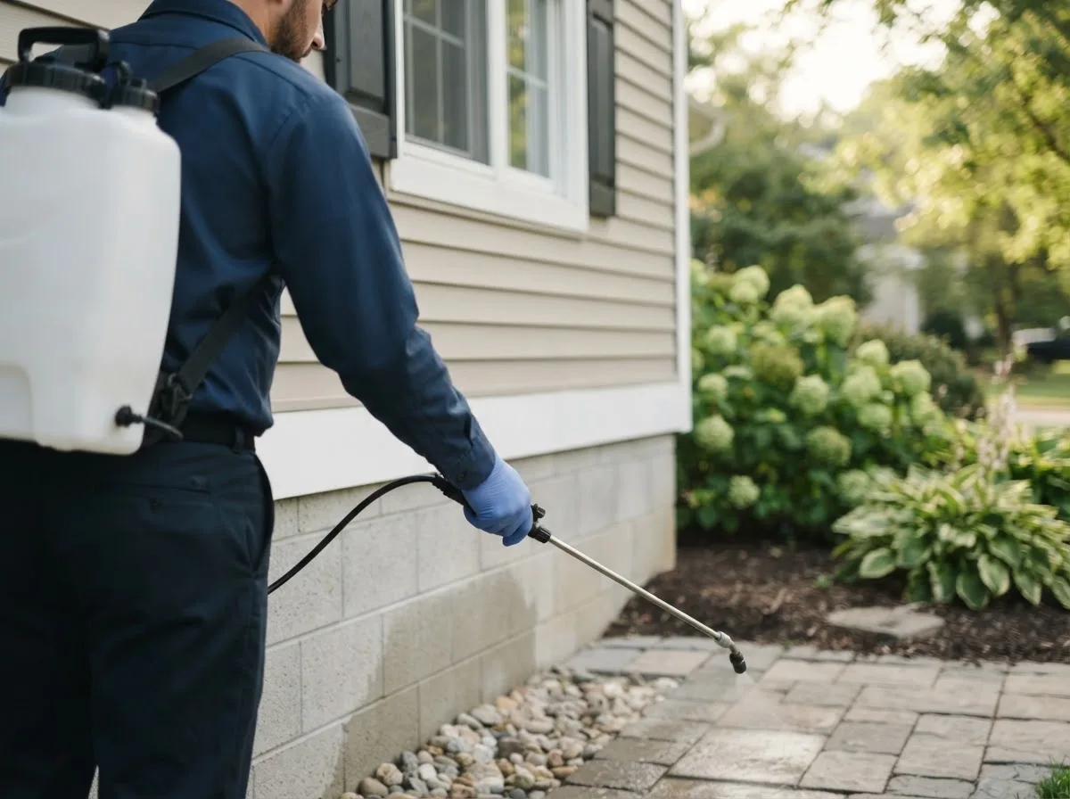 Pest control technician inspecting a home in Mcguffey, OH